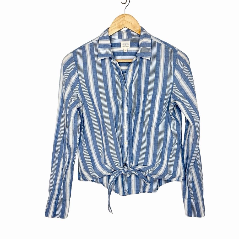 J Crew Blue and White Striped Tie Shirt Womens Small Nautical Preppy Fisherman